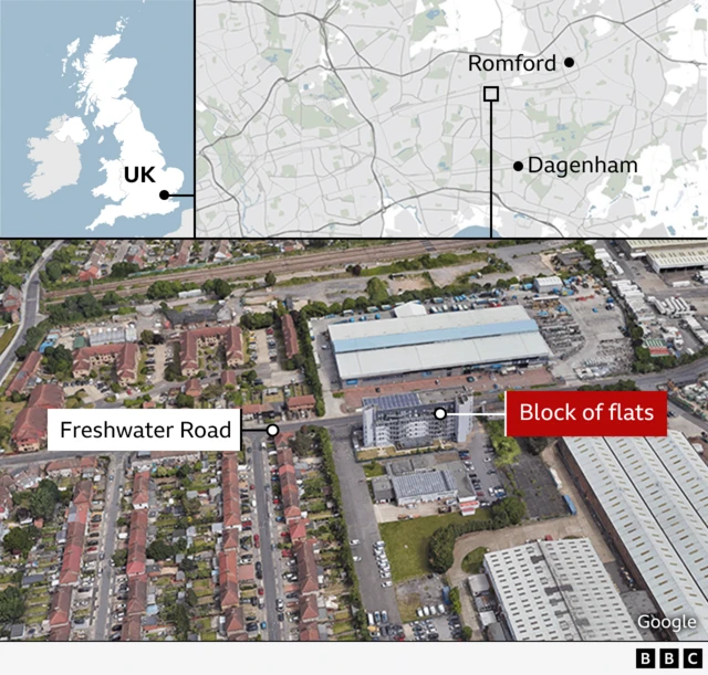 A graphic and a map give an overview of Dagenham, east London and where the building that caught fire is in relation to the rest of the city of London.