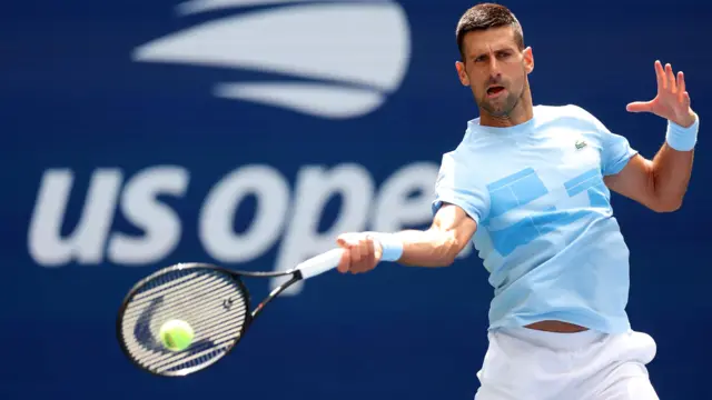 Novak Djokovic practises before the US Open