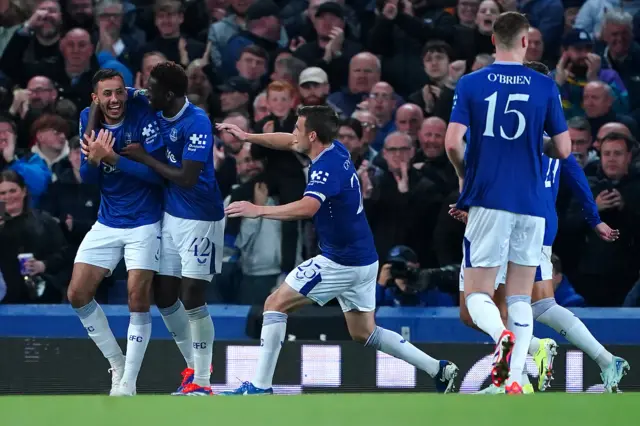 Everton's Tim Iroegbunam (second left) celebrates scoring their side's first goal of the game with team-mates during the Carabao Cup second round match at Goodison Park, Liverpool.