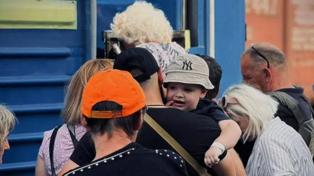 People board an evacuation train in Pokrovsk, Donetsk Region, Ukraine, in this picture obtained from social media released on August 27, 2024.