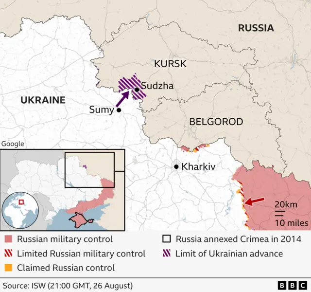 A BBC graphic showing the Ukrainian advance in the broader context of a map of Ukraine and Russia