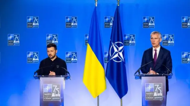 President of Ukraine Volodymyr Zelensky and Nato Secretary General Jens Stoltenberg speak at a press conference in July 2024