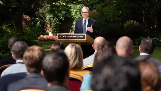 Prime Minister Sir Keir Starmer during his speech and press conference in the Rose Garden at 10 Downing Street