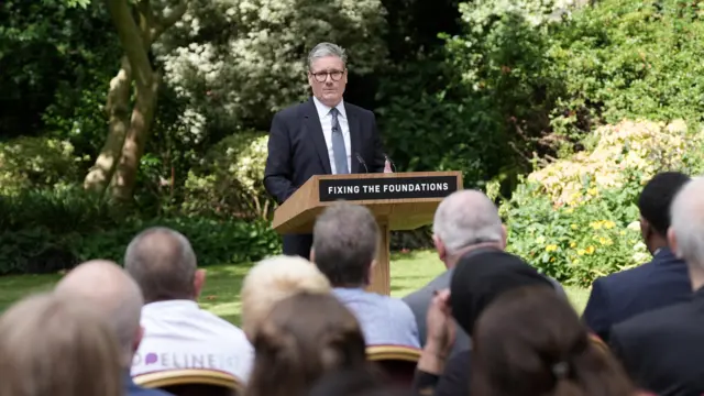 British Prime Minister Keir Starmer speaks during his speech and press conference in the Rose Garden at 10 Downing Street