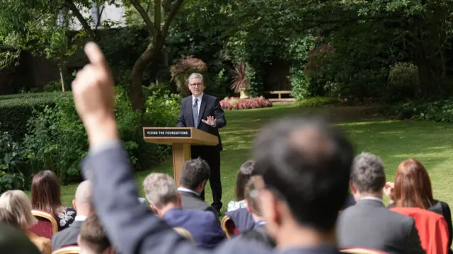 Prime Minister Sir Keir Starmer during his speech and press conference in the Rose Garden at 10 Downing Street