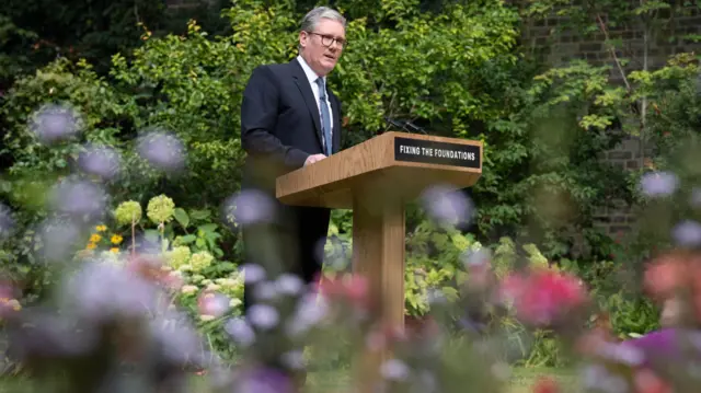 Prime Minister Sir Keir Starmer during his speech and press conference in the rose garden at Downing Street