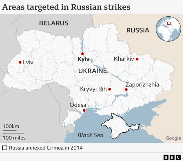 Areas targeted by Russian strikes