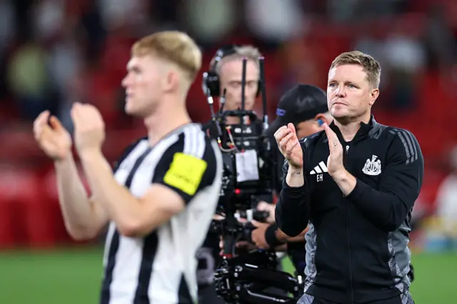 Eddie Howe the head coach / manager of Newcastle United applauds the fans