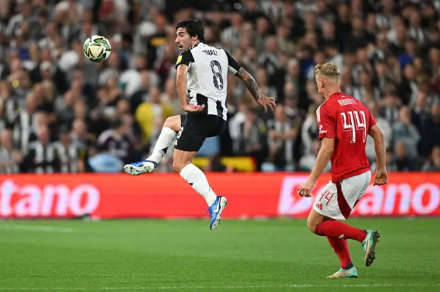 Sandro Tonali of Newcastle United controls the ball