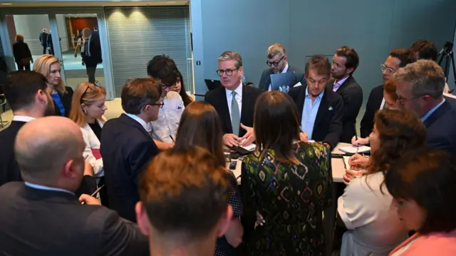 Keir Starmer speaks to members of the media following a joint press conference with German Chancellor Olaf Scholz