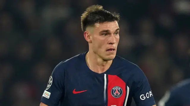 Manuel Ugarte playing for Paris St-Germain