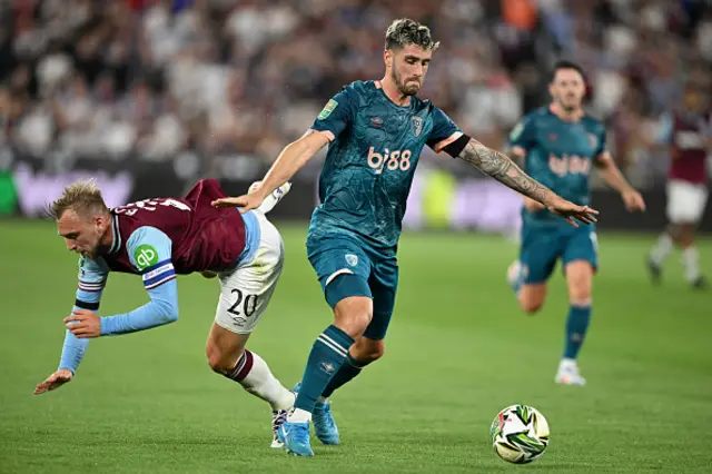 Marcos Senesi of AFC Bournemouth fouls Jarrod Bowen