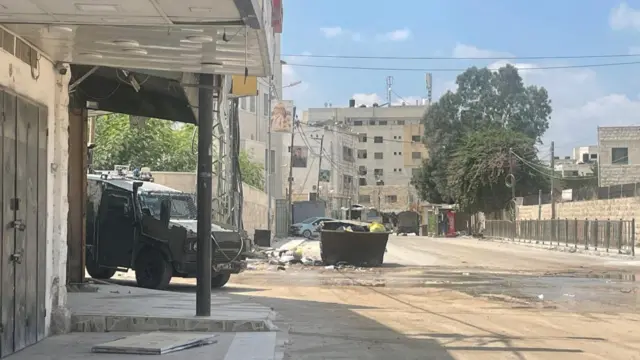 Israeli army vehicles pictured in the West Bank city of Jenin this morning