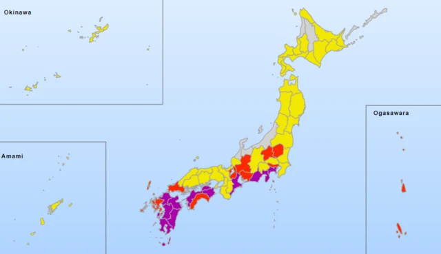 A map showing weather warnings in Japan