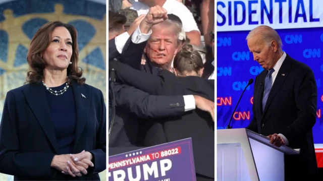 A split image of Kamala Harris, Donald Trump and Joe Biden