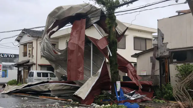 Debris blown onto a power line after strong winds in Miyazaki