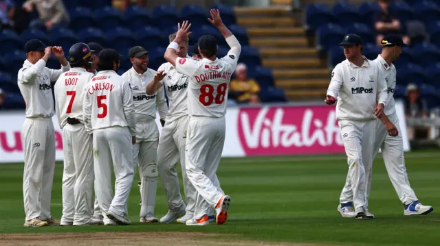 Glamorgan players celebrate a wicket