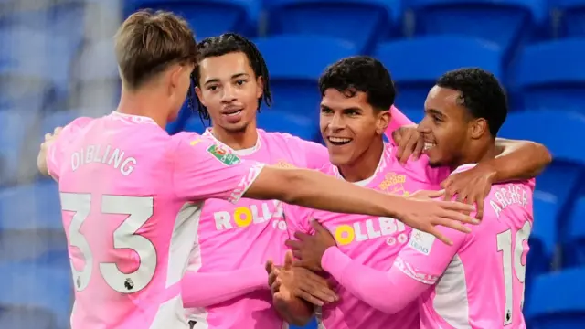 Southampton players celebrate after Sekou Mara scores against Cardiff