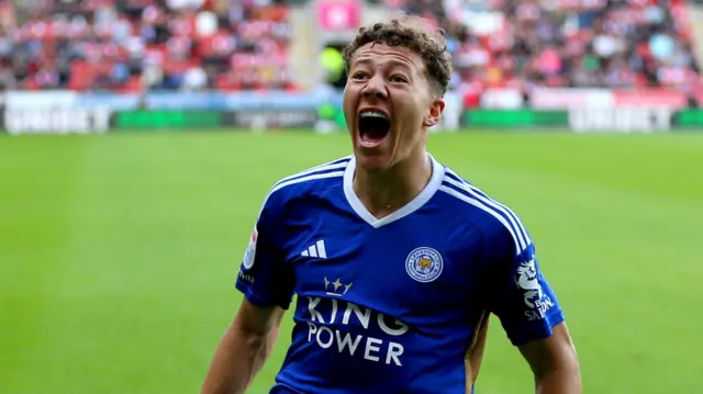 Kasey McAteer celebrates scoring for Leicester at Rotherham