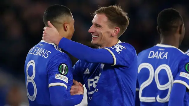 Marc Albrighton congratulates Leicester City team-mate Youri Tielemans