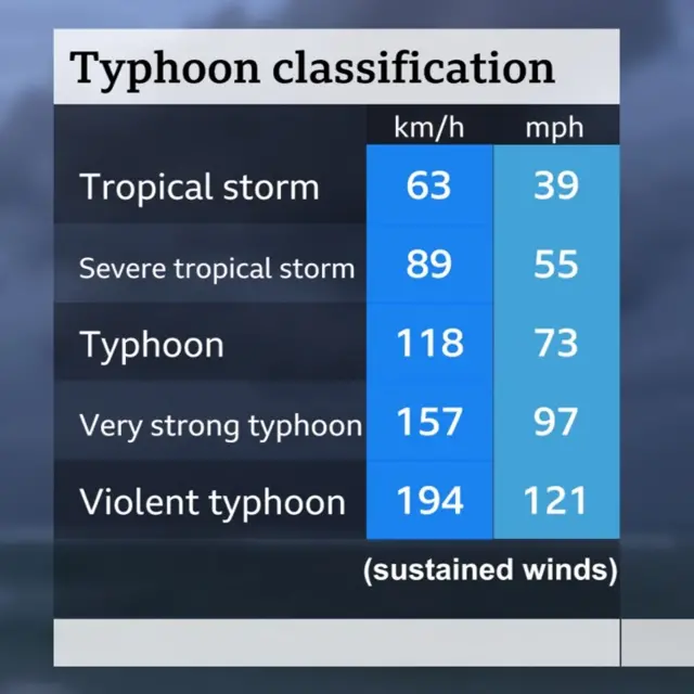 A graphic showing typhoon classification