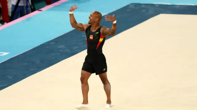 Rayderley Zapata of Team Spain reacts after finishing his routine during the Artistic Gymnastics Men's Floor Exercise Final