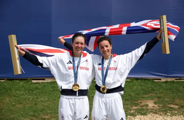 Emily Craig and Imogen Grant with their rowing gold medals