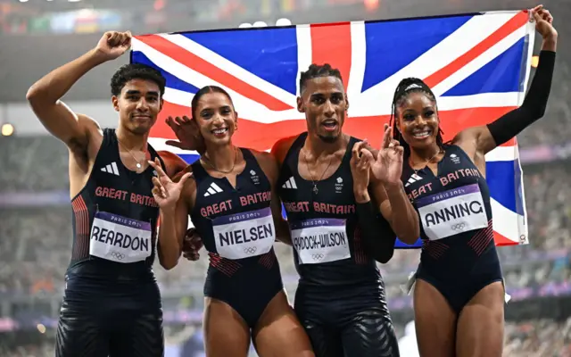 Team Great Britain, from left, Samuel Reardon, Laviai Nielsen, Alex Haydock-Wilson and Amber Anning