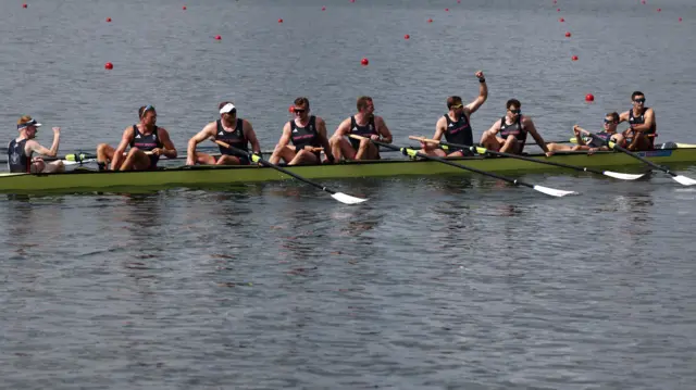 Sholto Carnegie of Britain, Rory Gibbs of Britain, Morgan Bolding of Britain, Jacob Dawson of Britain, Charles Elwes of Britain, Tom Digby of Britain, James Rudkin of Britain, Tom Ford of Britain and Harry Brightmore of Britain react after winning gold