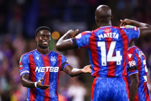 Jean-Philippe Mateta of Crystal Palace celebrates their second goal with Marc Guehi