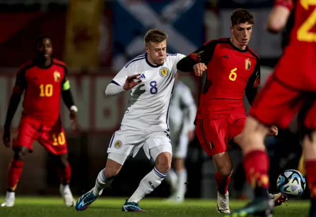 Arne Engels in action during a Euro Under-21s Qualifier between Scotland and Belgium in 2023