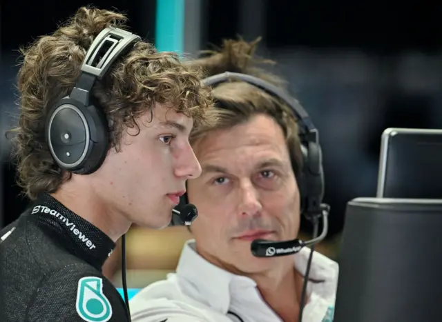 Toto Wolff and Kimi Antonelli in the Mercedes garage