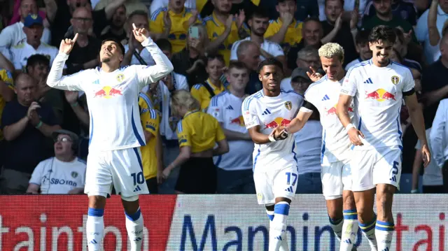 Joel Piroe celebrates scoring Leeds' second goal