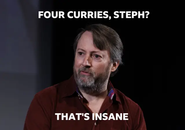 David Mitchell saying: "Four curries, Steph? That's insane."