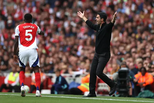 Mikel Arteta, Manager of Arsenal, reacts