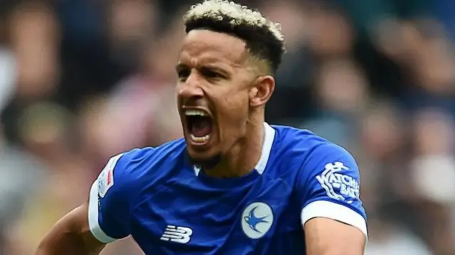 Carl Robinson celebrates scoring for Cardiff against Swansea