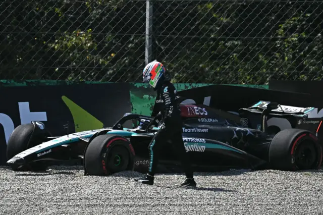 Kimi Antonelli walks away from his crashed Mercedes