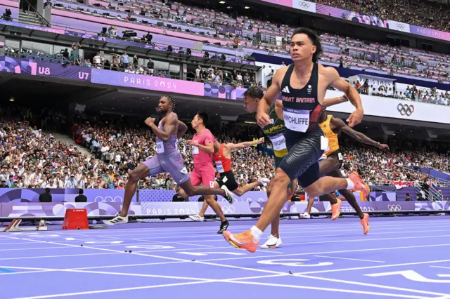 Team GB's Louie Hinchliffe wins his 100m heat at the 2024 Paris Olympics