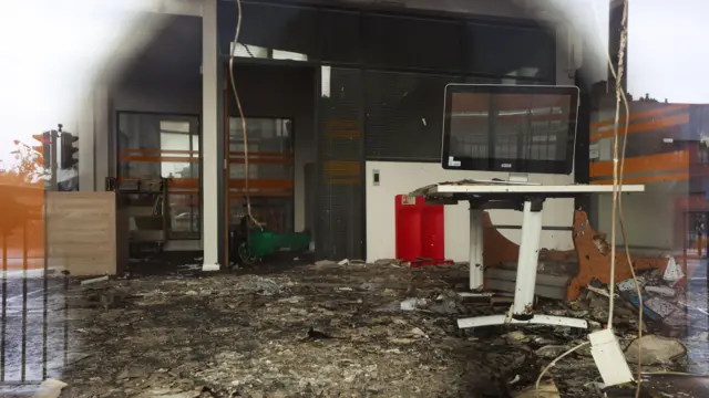 The destroyed interior of the Spellow Hub community library