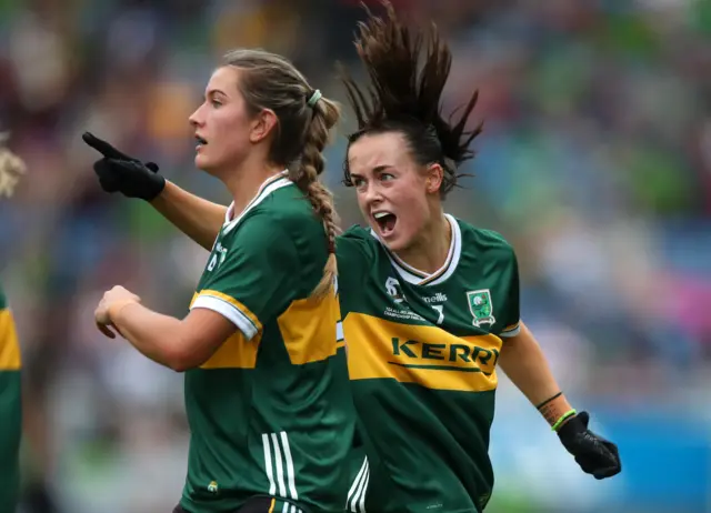 Aoife Dillane celebrates scoring a goal with Ciara Murphy