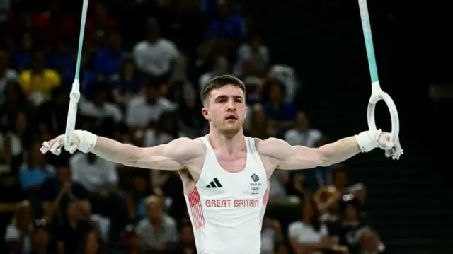 Britain's Harry Hepworth competes in the artistic gymnastics men's rings final during the Paris 2024 Olympic Games