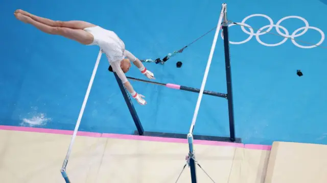 Kaylia Nemour of Team Algeria competes during the Artistic Gymnastics Women's Uneven Bars Final