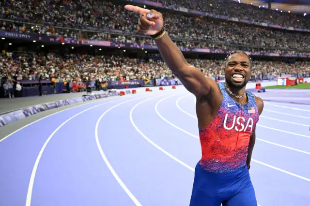 US' Noah Lyles celebrates after winning the men's 100m final