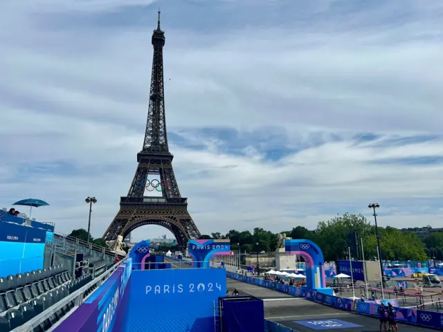 Women's road race finish line with the Eiffel Tower in the background