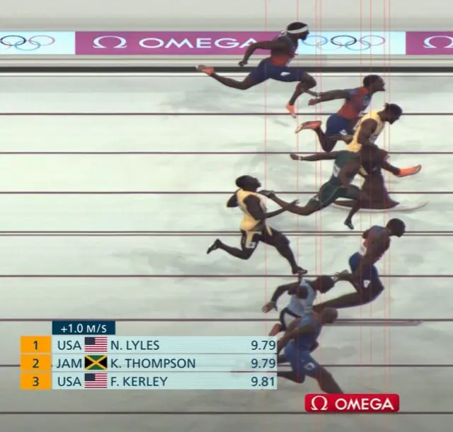 Photo finish 100m final 2024 Paris