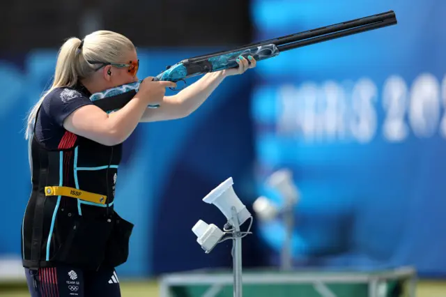 Great Britain's Amber Rutter during the Skeet Women's Final at the Chateauroux Shooting Centre on the ninth day of the 2024 Paris Olympic Games in France.