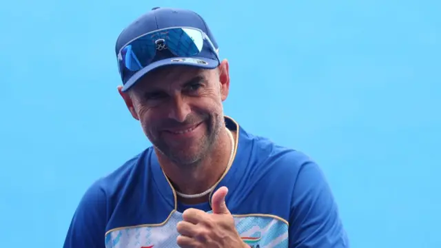 Head coach Craig Fulton of Team India reacts during training before hockey competition at the 2024 Olympic Games on July 22, 2024