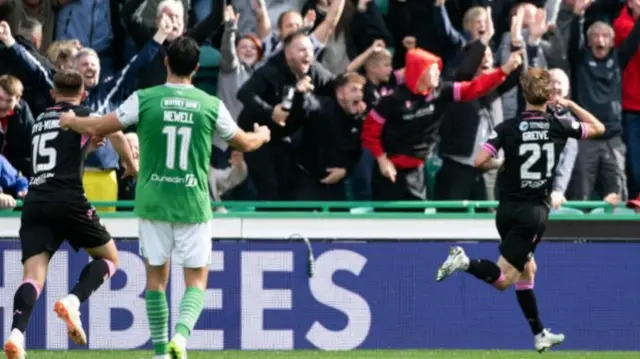 Alex Greive celebrates his winning goal against Hibs