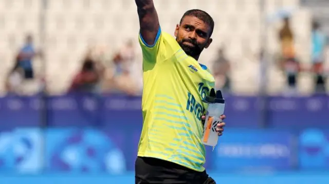 Sreejesh Parattu Raveendran of Team India gestures following the Men's Pool B match between Australia and India on day seven of the Olympic Games Paris 2024