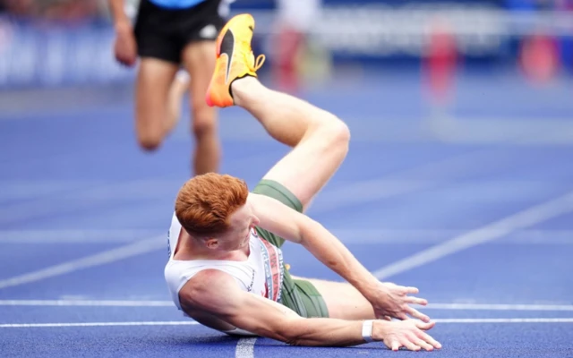 Alastair Chalmers falls over in the Men's 400m Hurdles final during day two of the Olympic Trials and UK Athletics Championships at the Manchester Regional Arena